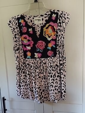 Savanna Jane Black & Cream Leopard Print Top with Floral Embroidered Top